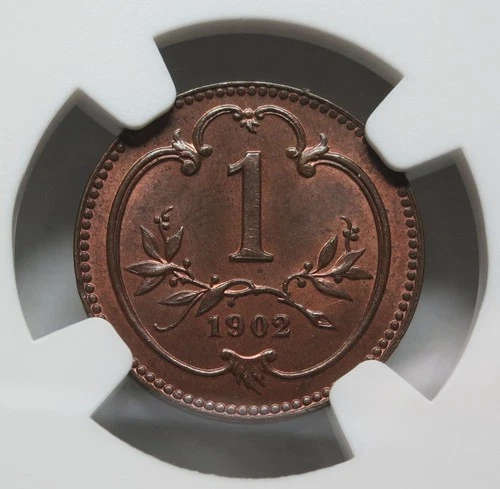 AUSTRIA HUNGARY Empire 1 Heller 1902 NGC MS 65 RB UNC Red Bronze Eagle #004
