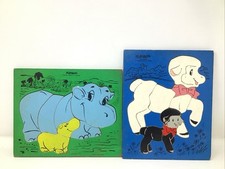 Playskool Wooden Puzzles 175-7 Lambs 13 Pcs 275-38 Hippo 7 Pcs Set Of 2 Vintage