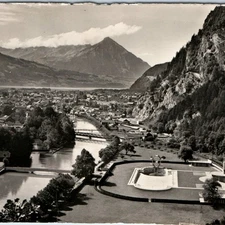 c1930s Interlaken Switzerland RPPC Unterseen Niesen Bridge River Railway Pool A9