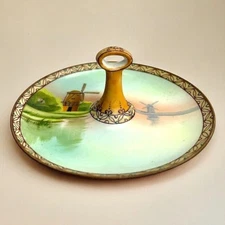Vintage Hand Painted Nippon Tidbit Trinket Tray Dish Windmill Lake Scene 6"