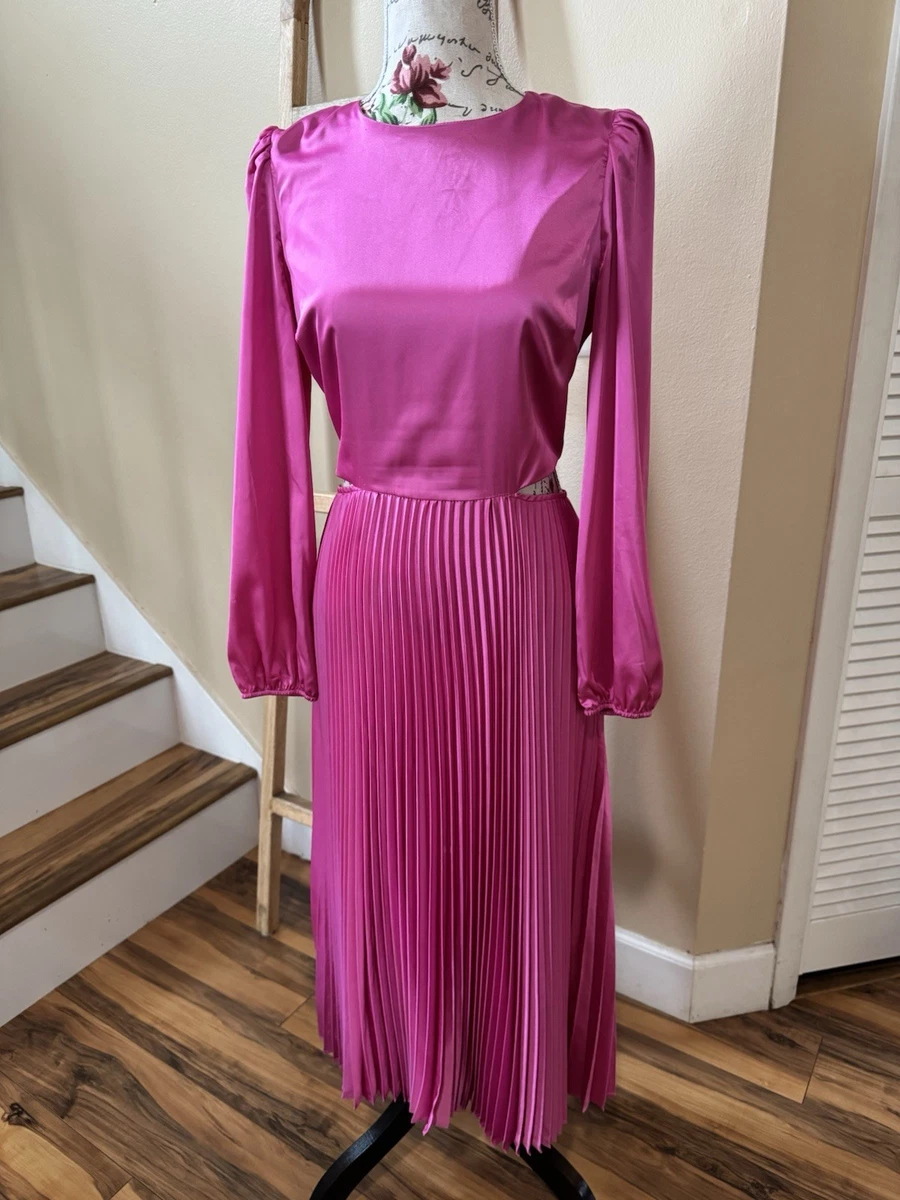 pleated satin oversized sleeve midi dress Pleated Satin Oversized Sleeve Midi Dress