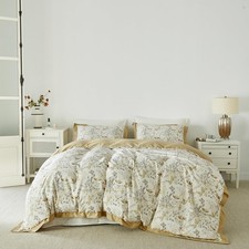 White Botanical Duvet Cover Queen 100 Cotton 3 Pcs Set 1 Decorative Gold Wid...
