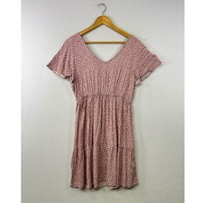 Pink Rose Women's Pink White Leaf Print Smocked Waist Tiered Midi Dress Size L