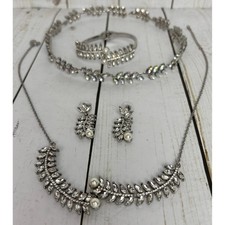 Silver Crystal Pearl Leaf Necklace Earrings Bracelet Tiara Headpiece Set P138