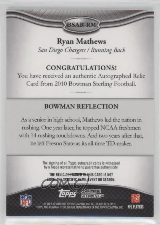 2010 Bowman Sterling Auto Relics Ryan Mathews #BSAR-RM Rookie Auto RC - Image 2 of 2