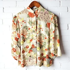 Citron Silk Floral Button Up Blouse Womens XS P 3/4 Sleeve Embossed Split Hem 