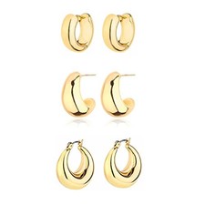 Gold Chunky Hoop Earrings Set for Women, 14K Gold Plated 3 gold hoops chunky