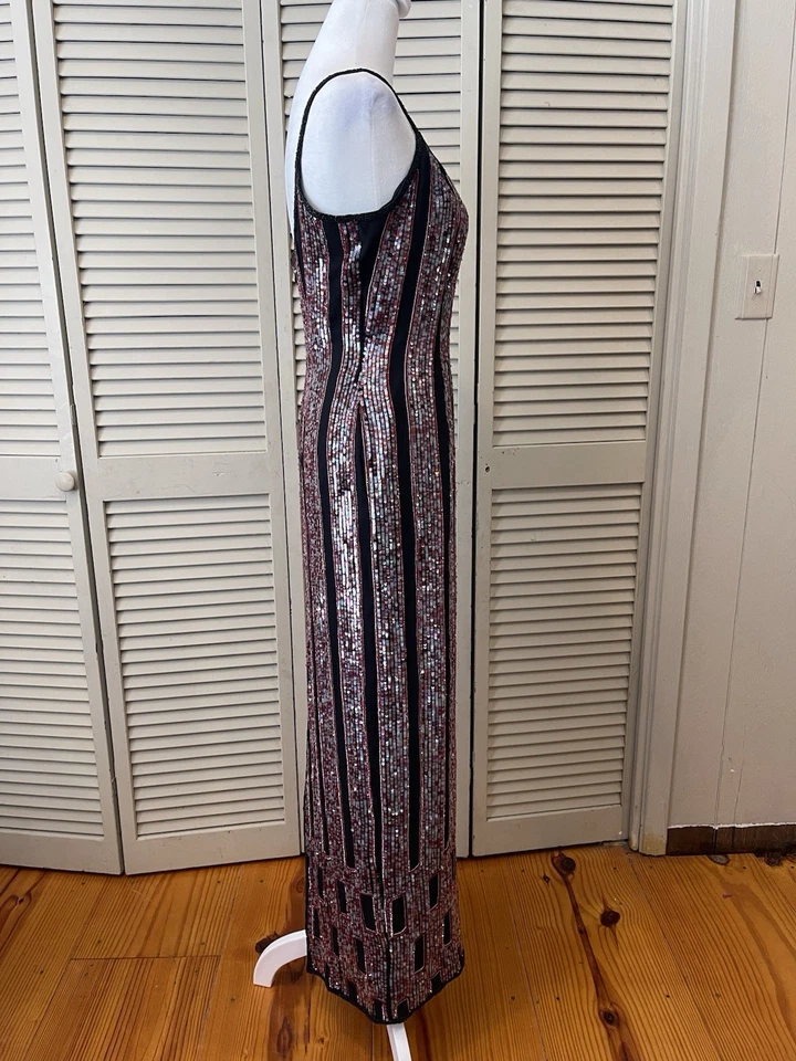 VTG Papell Boutique Evening Dress 4 Y2K Sequin Geometric 100% Silk Gown - Image 2 of 4