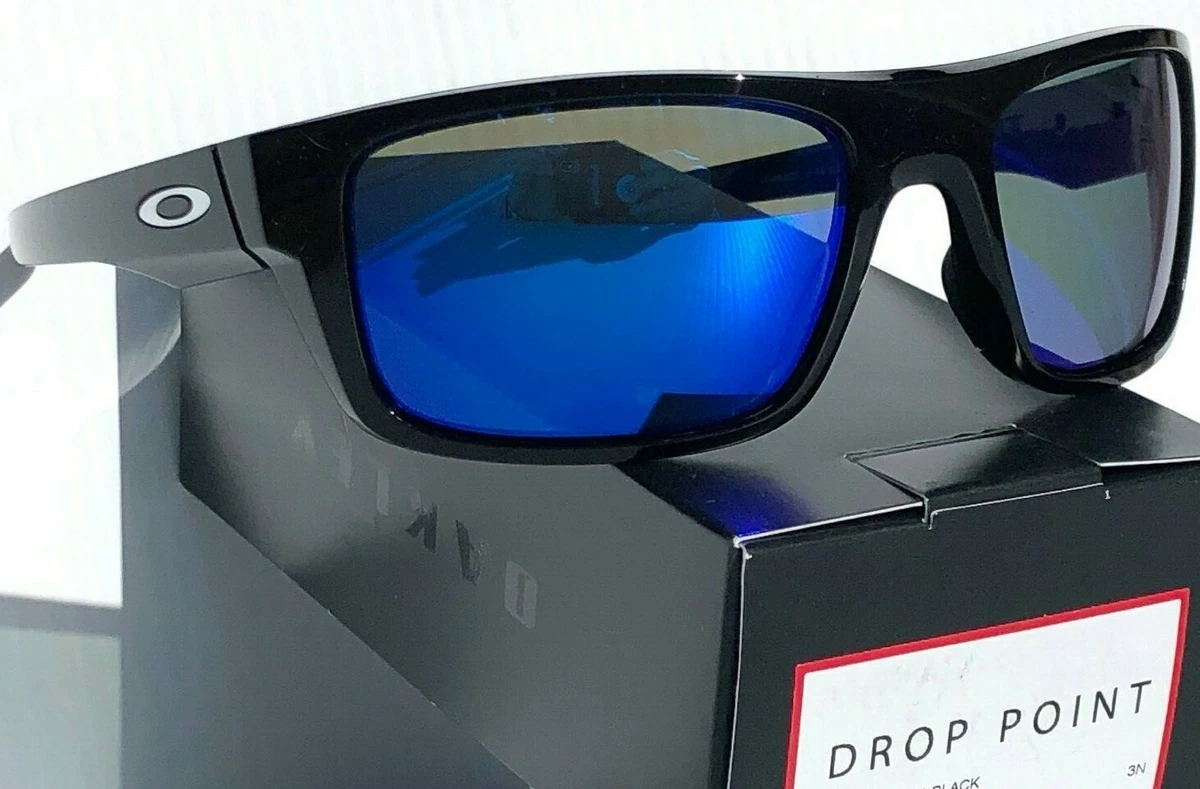 NEW Oakley DROP POINT Black Shiny POLARIZED Galaxy Blue Mirror