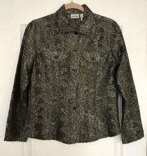 New Women's Size 0 6-8 Chico s Brown Gold Snakeskin Long Slv Button Front Jacket