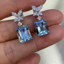 3Ct Emerald Cut Lab Created Aquamarine Earrings 14k White Gold Plated