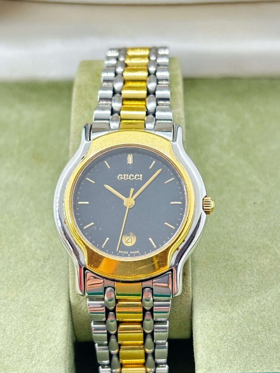 Exc+5 w/Box ] Gucci Watch 8000.2 L Gold & Silver Case Black