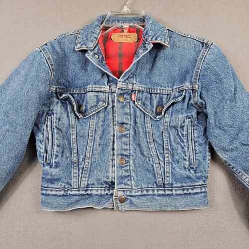 Vintage Levis Denim Jacket Womens M Plaid Lined Crop Top Trucker Made In USA - Afbeelding 1 van 19