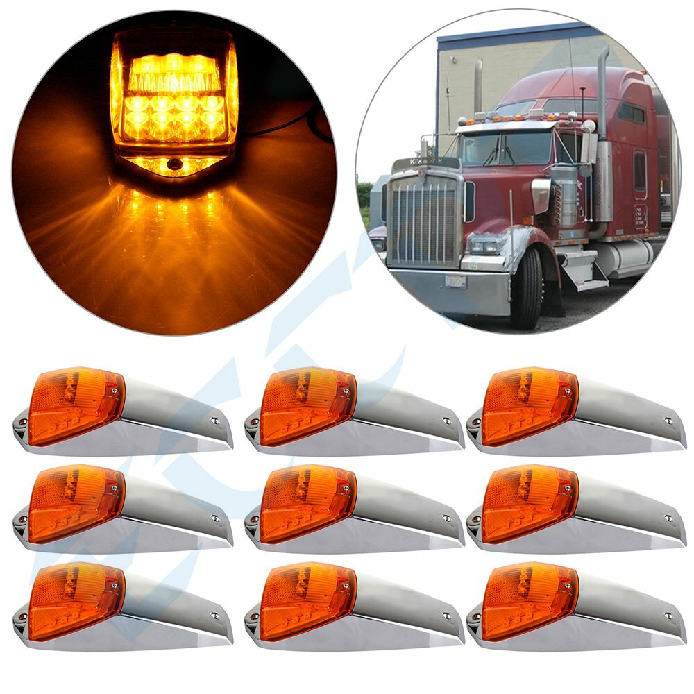 9x 17 LED Yellow Cab Roof Clearance Lights w/Chrome for