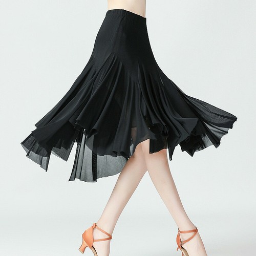 Women Ballroom Dance Skirt Dancewear Latin Salsa Tango Midi Mesh Irregular - Picture 3 of 11