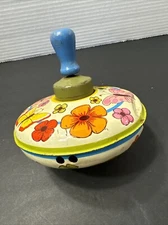 Vintage 1950's Ohio Art USA Tin Spinning Top Toy Wood Handle Flowers Butterfly