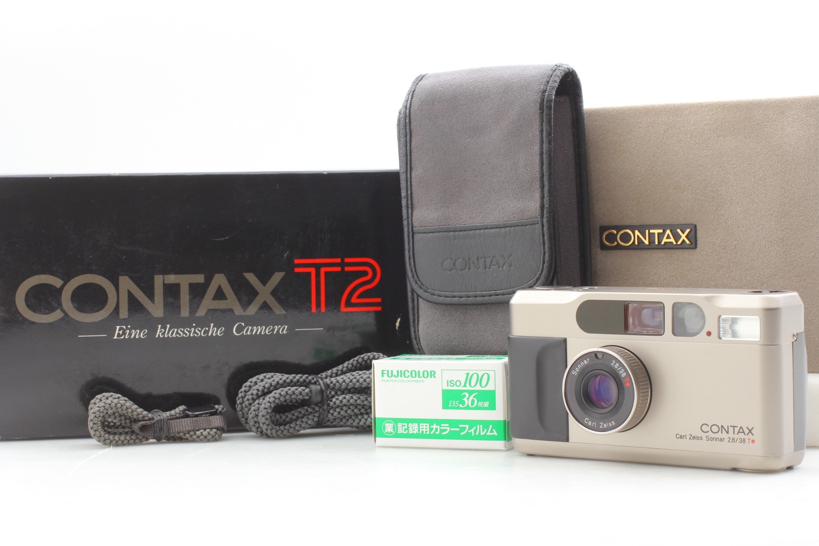 [MINT in BOX] CONTAX T2 Titan Silver 35mm Film Camera w/ Strap Case from JAPAN