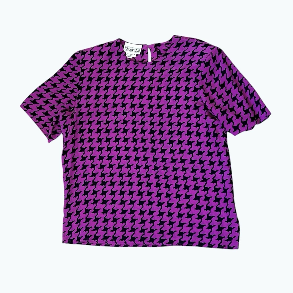 Blusa de seda Christie And Jill talla mediana púrpura negra manga corta top vintage Foto 4 de 4