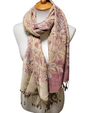 Beige Mauve Floral Pashmina Style Scarf Wrap with Fringe Women s Shawl
