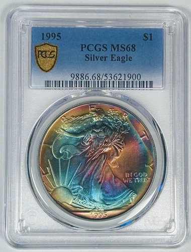 1995 American Silver $1 Eagle Coin Rainbow Tone PCGS MS 68