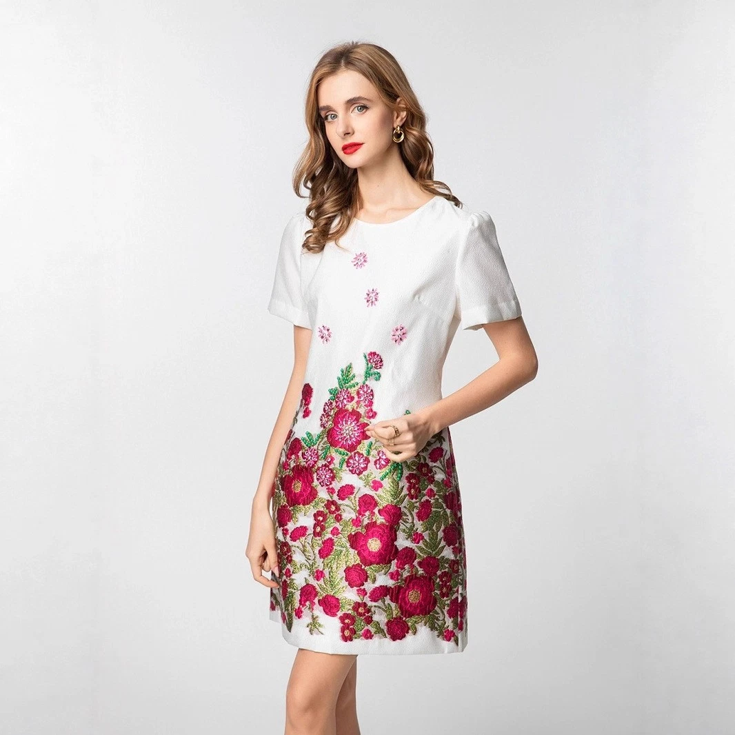 VETEMENTS Abito corto girocollo manica corta retrò jacquard moda donna linea A floreale