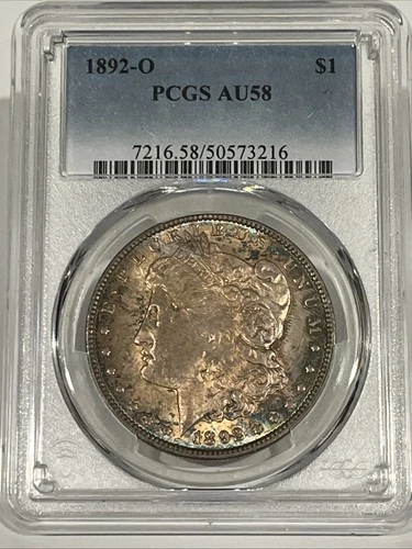 1892-O $1 AU58 PCGS Morgan Silver Dollar With Gold And Blue toning