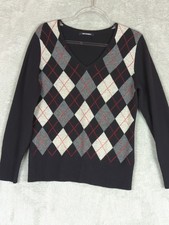 100 Cashmere Pullover Sweater Black Gray Argyle L Apt. 9 Preppy Academia Cozy