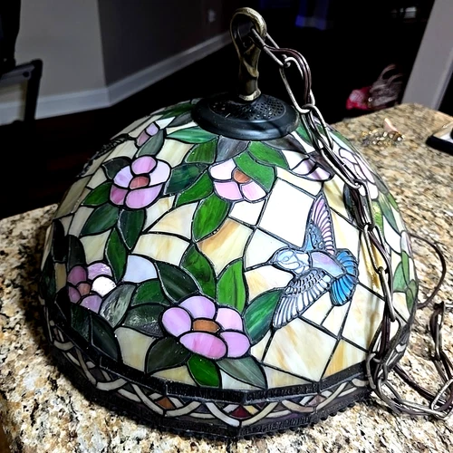 Vintage Large Dale Tiffany Hummingbirds Stained Glass Shade Ceiling Lamp 18" D