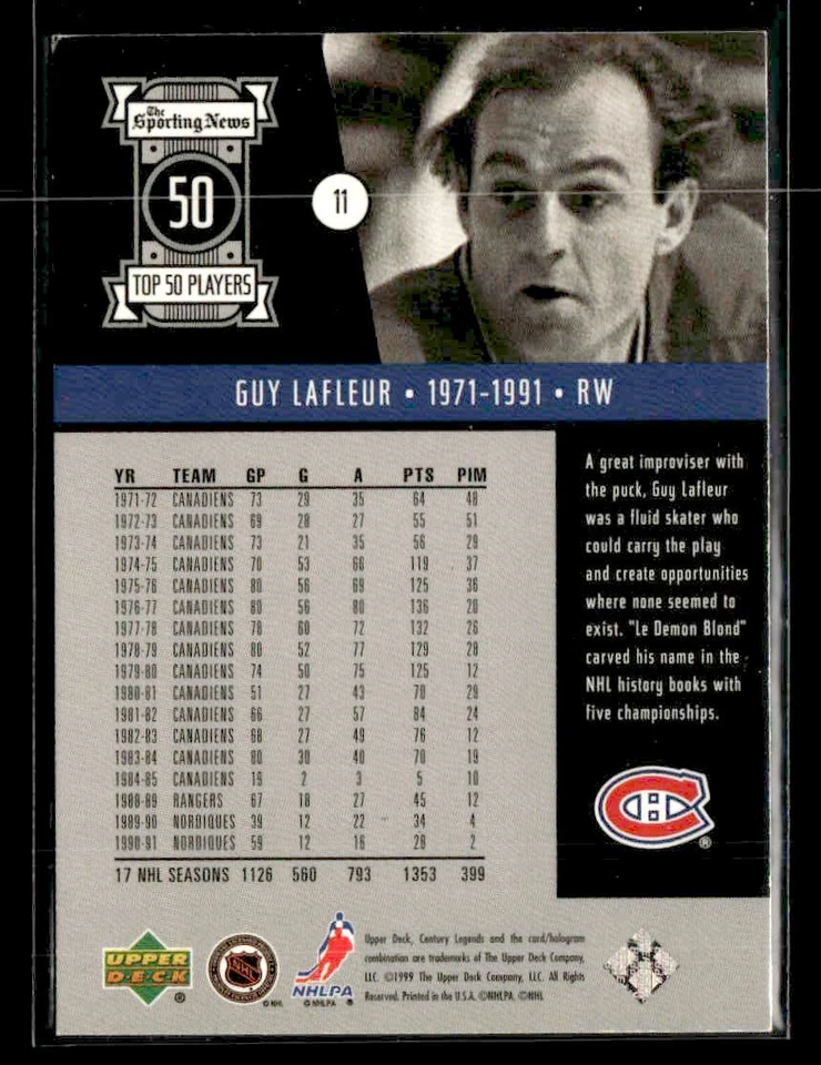 1999-00 Upper Deck Century Legends - #11 Guy Lafleur - Montreal Canadiens - Image 2 of 2