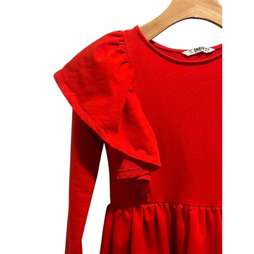 SHEIN Dress Girls Size 11 Red Ruffle Trim Long Sleeve Knee Lenght Midi Party - Picture 2 of 9