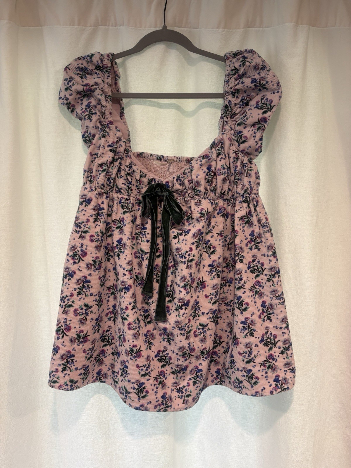 Free People Gaia Printed Tunic Top Blouse Corduroy Floral Lilac Small Babydoll