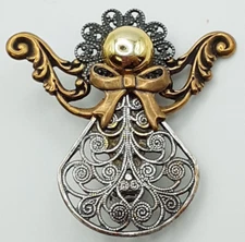 Vintage Kat's Creations Angel Layered Openwork Filigree Brooch 1 1/2"
