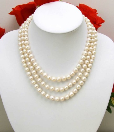8-9mm Round Natural Freshwater White Pearl Necklace for Women Chokers 3 Strands