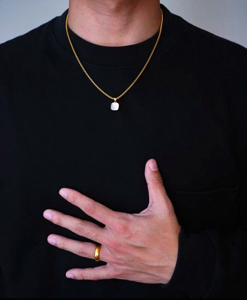 Collar Colgante Oro Forma Cuadrada Madreperla Piedras Preciosas para Hombre/Mujer Foto 3 de 4