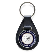 US Navy Intelligence Specialist Black Leather Keychain Silver Keyring Military 