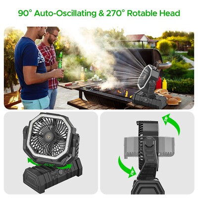 Ventilatore da Campeggio con Lanterna LED 20000mAh Ventilatore da Esterno con Luce e Gancio,Perno a 270° 4 Velocità Ventilatore da Tavolo Personale per Campeggio Pesca Interruzione di Corrente Uragano