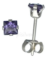 Sterling Silver 3mm Princess Cut Square Purple Amethyst CZ Stud Post Earrings