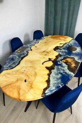 Ocean Art Oval Epoxy Dining Table | Walnut Wood | Custom Resin River Table