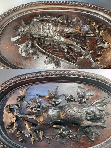 PAIR Antique HC Swiss Black Forest 25" Fruits of the Hunt Game Plaques, Hare + - Picture 7 of 11