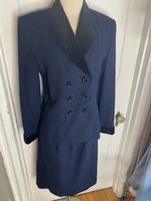 KASPER FOR ASL. BLUE 100% WOOL SKIRT SUIT-SIZE8-THICK COLLAR-PERFECT STYLE!  