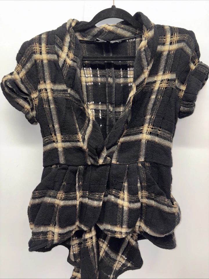 Nanette Lepore Brown Black Plaid Fleece Wool Short Sleeve Blouse Jacket Size 6 - Изображение 2 из 4