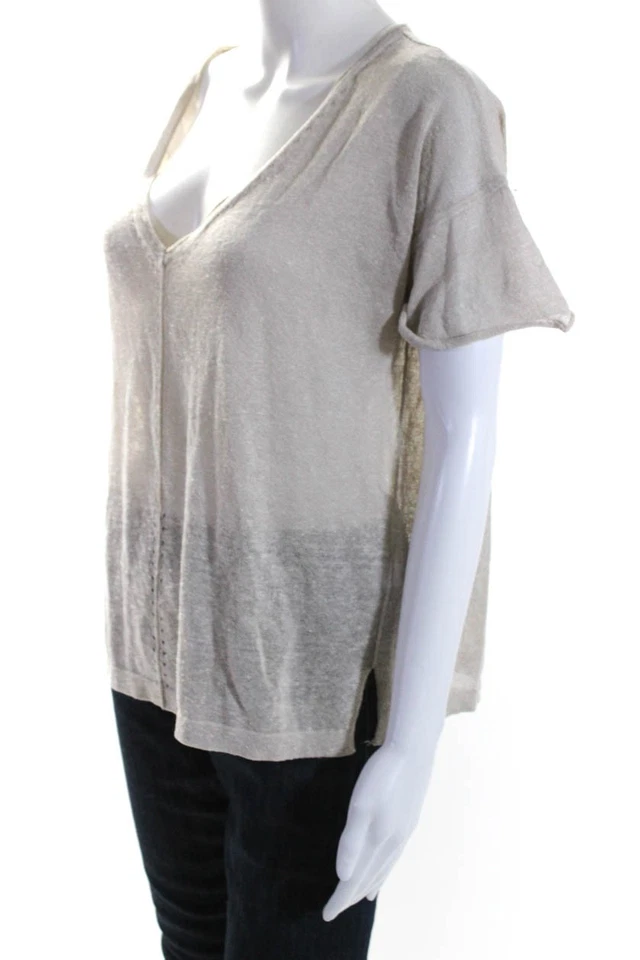 525 Америка женщин коротким рукавом трикотажа V шеи блузка бежевый льняной размер XS - Изображение 2 из 4