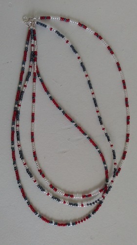 Japanese Toho Beads 3mm Red White Blue Americana 3 Strand 21" Necklace Handmade - Picture 20 of 22