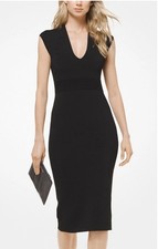 Michael Kors Black Stretch Viscose Ribbed Waist Midi Dress Size XS