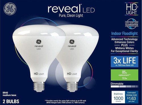 GE Reveal SET OF 2 85 W Equivalent Dimmable Color-Enhancing Br40 LED Light Bulbs