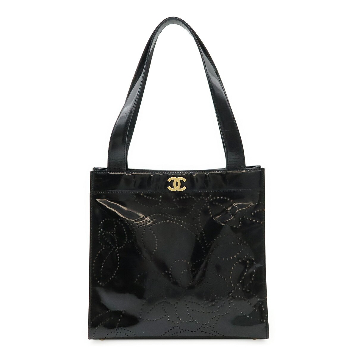 Chanel Black Coco Mark Camellia Punched Enamel Tote Bag Pre-Owned with Signs of Wear