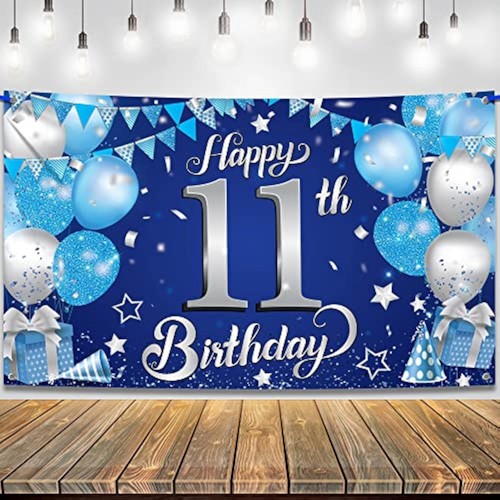 Blue and Silver 11th Happy Birthday Banner - Large, 72x44 Inch | 11th Birthday B