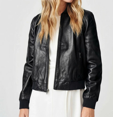 Handmade Causal Bomber Jacket Women's Lambskin Leather Black Motorcycle Jacket