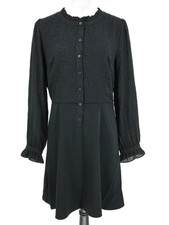 Loft Dress Womens 10 Black Swiss Dot Ruffle Trim Long Sleeve Buttons Preppy New