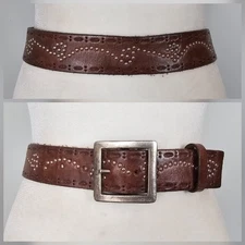 Vintage GUESS S 27-31” Western Belt Brown Leather Studded Cut-outs Brass Buckle